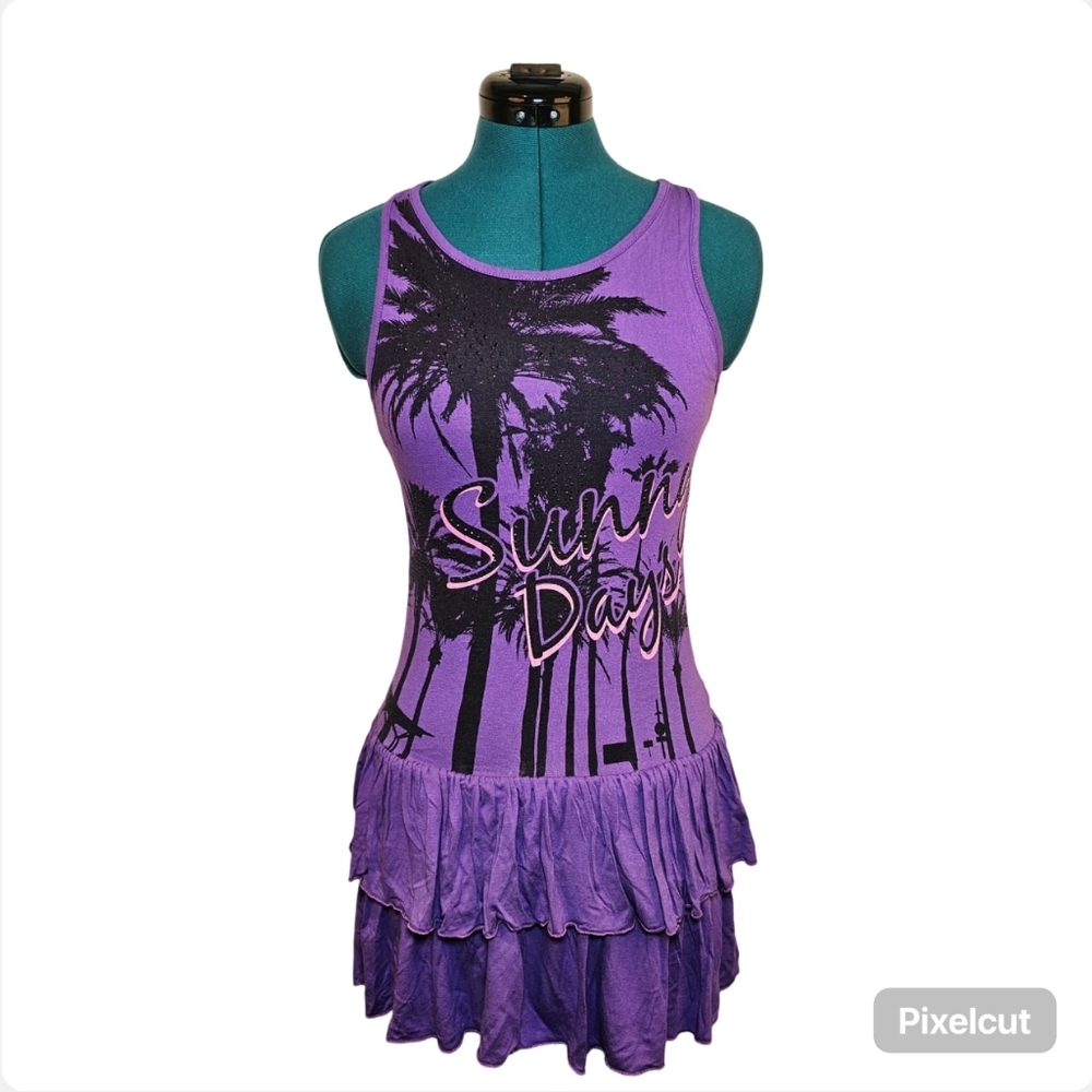 C&A Here + There purple bedazzled sleeveless ruffle mini dress girls size 14 US.